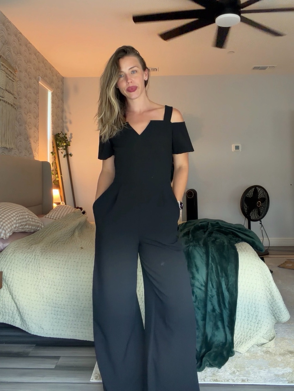 Eliza J Black Cold-Shoulder Wide-Leg Jumpsuit
